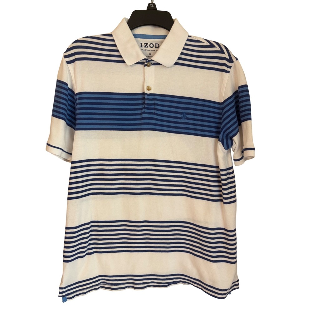 IZOD Advantage Polo‎ Shirt Mens M Medium Blue White Striped Golf Casual